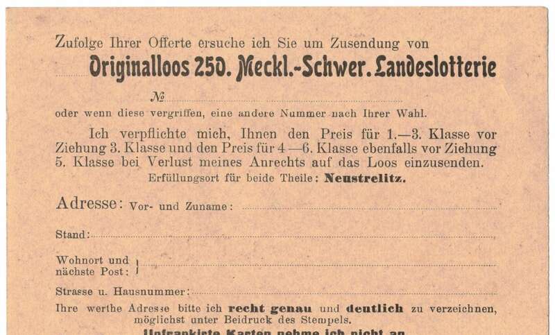 Reklame Postkarte Meckl.Schwer.Landeslotterie Neustrelitz um 1910 !