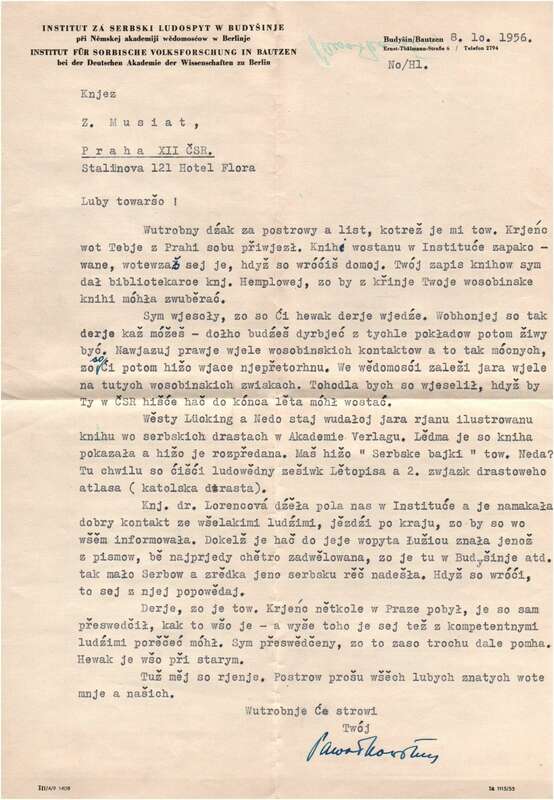 Brief 1956 Institut für sorbische Volksforschung Bautzen DDR nach Prag