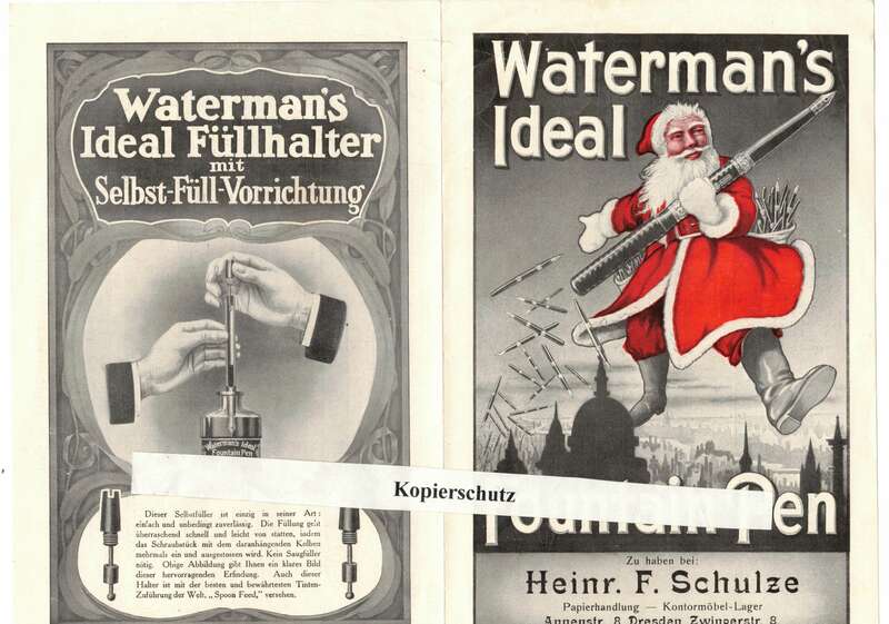 Prospekt Füllfederhalter Watermans Ideal Schulze Dresden Weihnachtsmann 1910er 