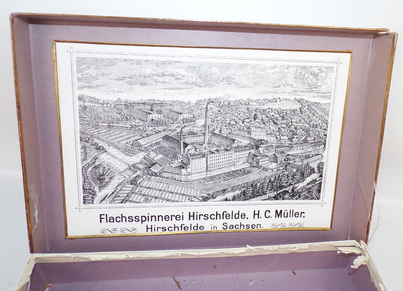 Pappschachtel Flachsspinnerei Hirschfelde Reklame Sammler um 1900 