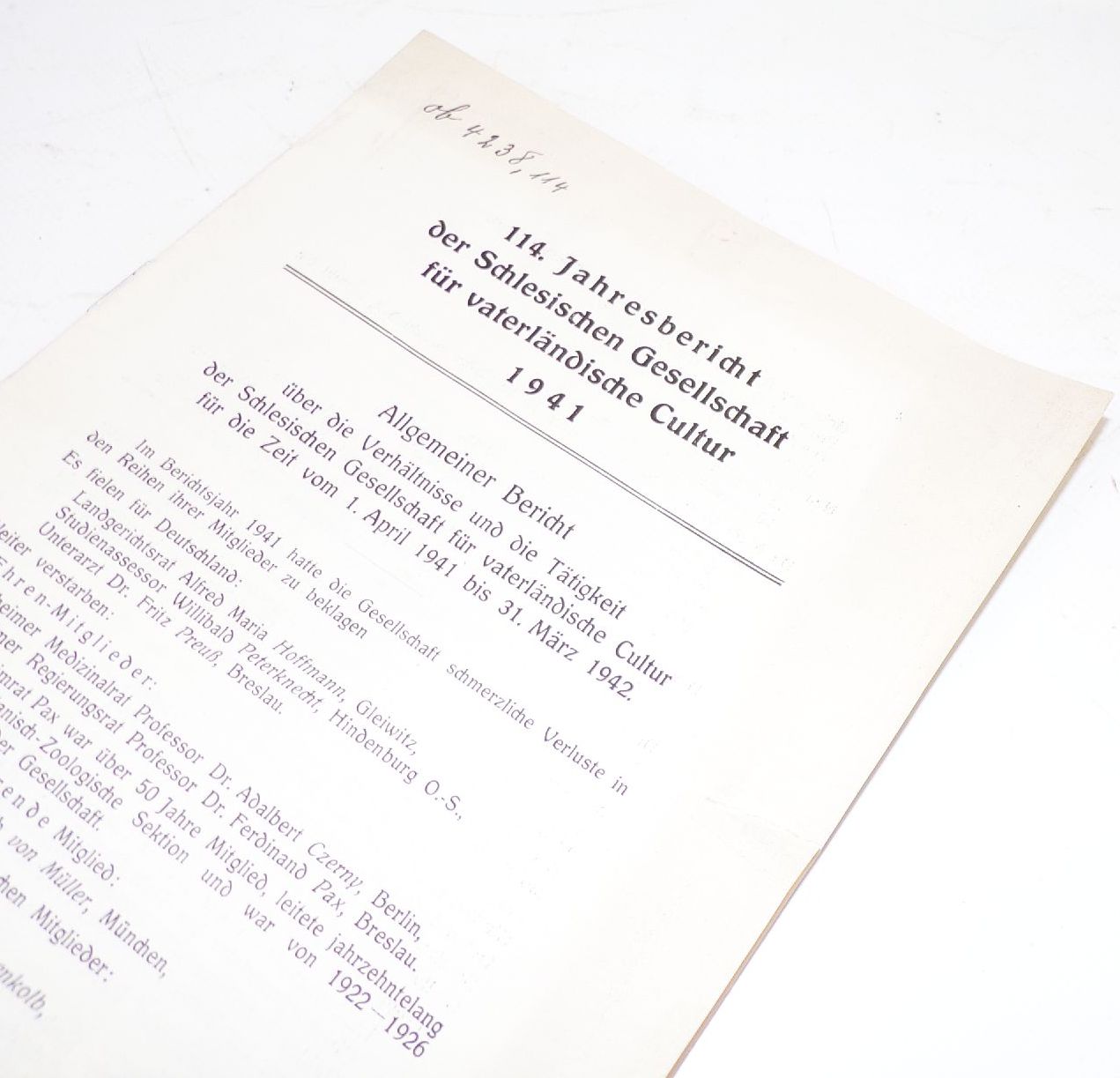 Schlesische Gesellschaft für vaterländische Cultur 1922 bis 1941 
