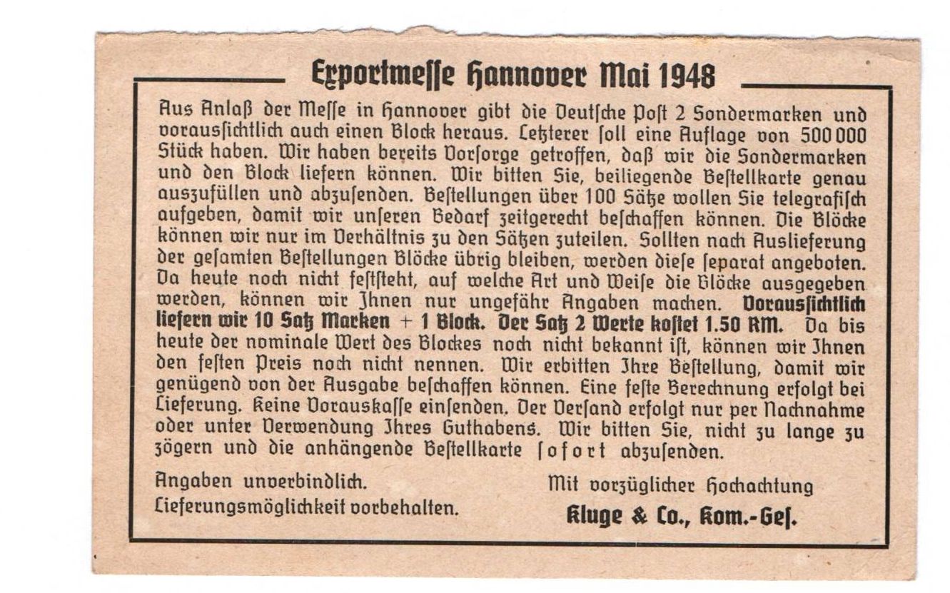 Drucksache Exportmesse Hannover 1948 Kluge Bad Blankenburg Drucksache Exportmesse Hannover 1948 Kluge Bad Blankenburg