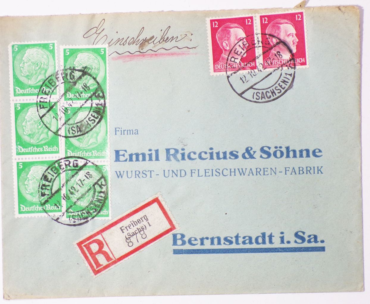 R Brief Freiberg Mischfrankatur 1942 nach Bernstadt