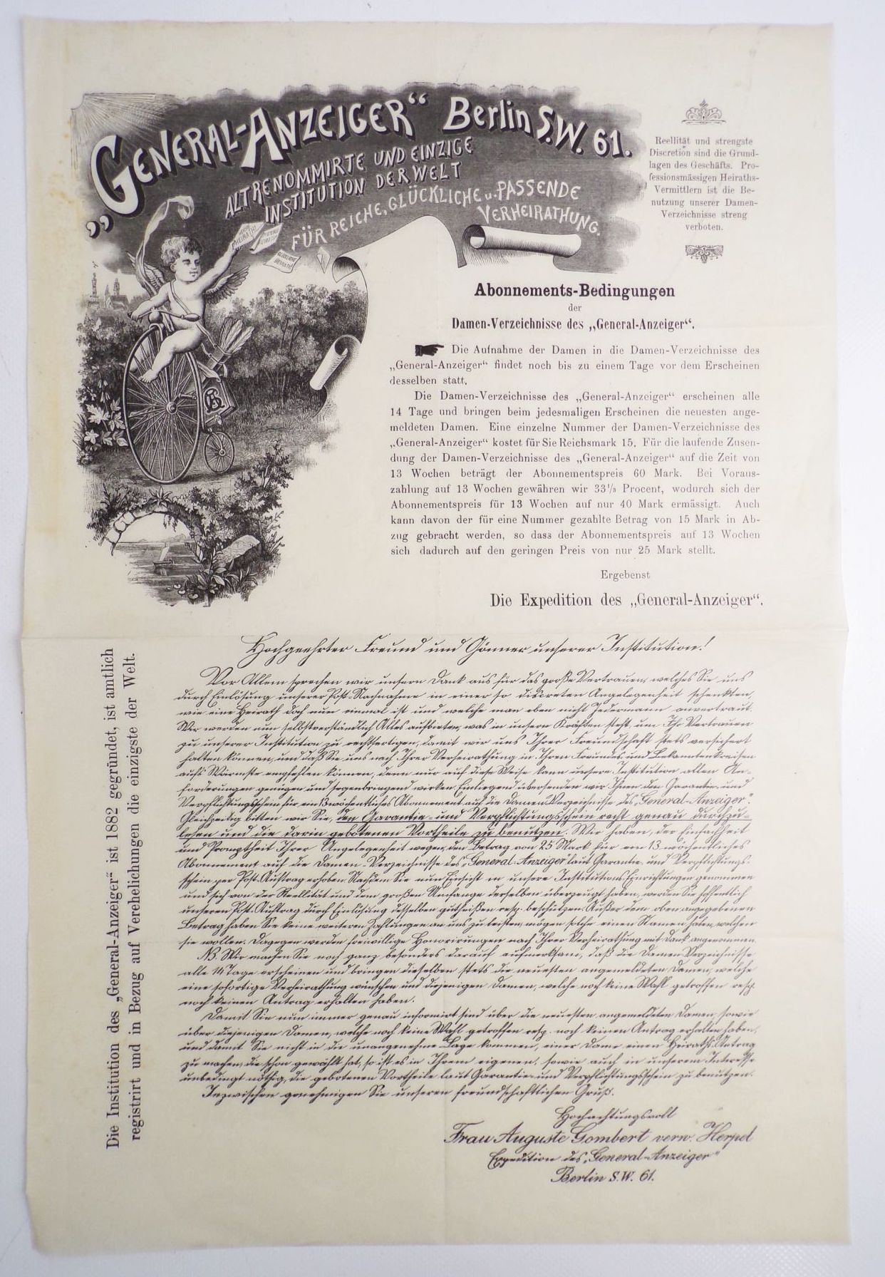 Reklame Damen Verheiratung 1890 Eheschließung Absprache Zweckehen 