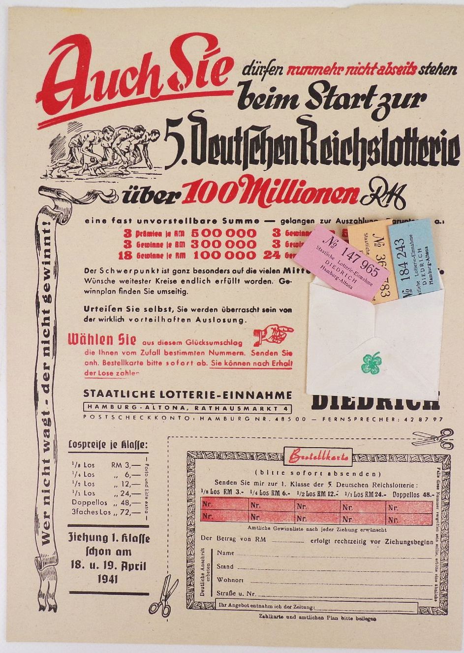 Reklame Blatt Deutsche Reichslotterie 1941 Lose Lotterie 