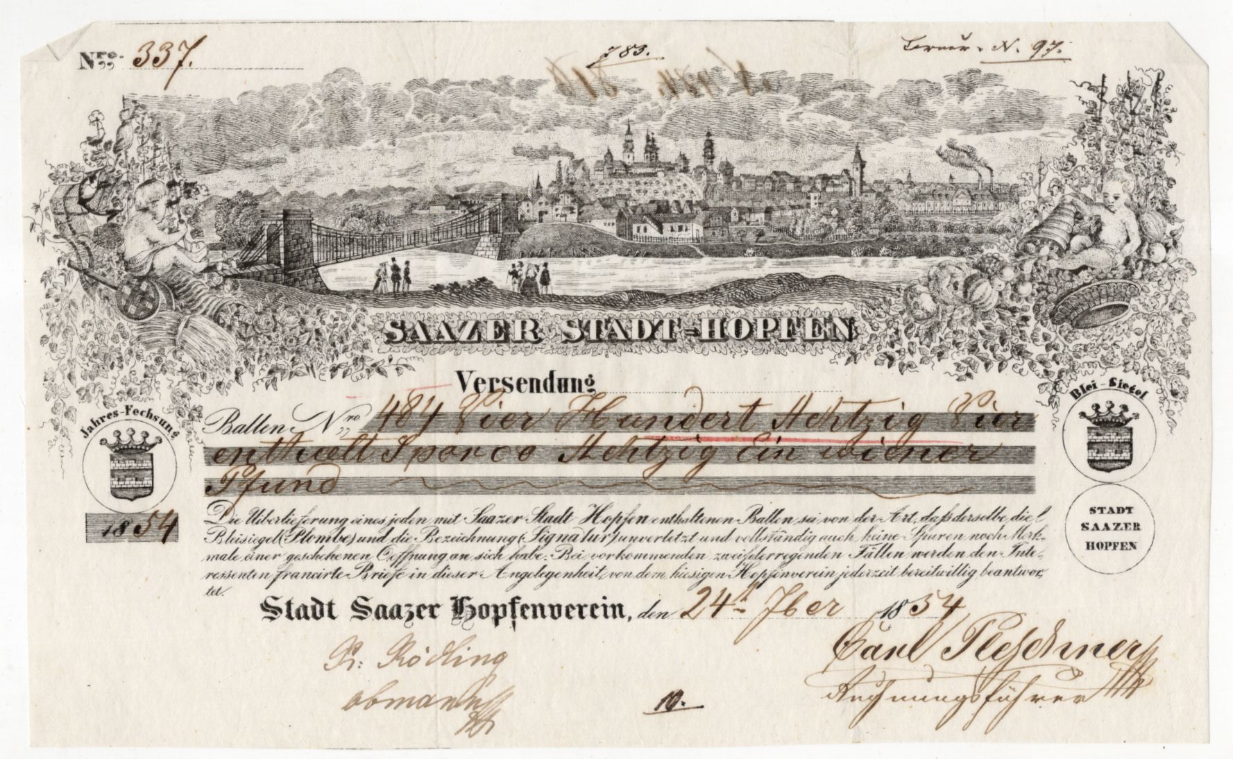 Saaz Böhmen Hopfen Ballen Frachtbrief Versendung 1834 Litho 