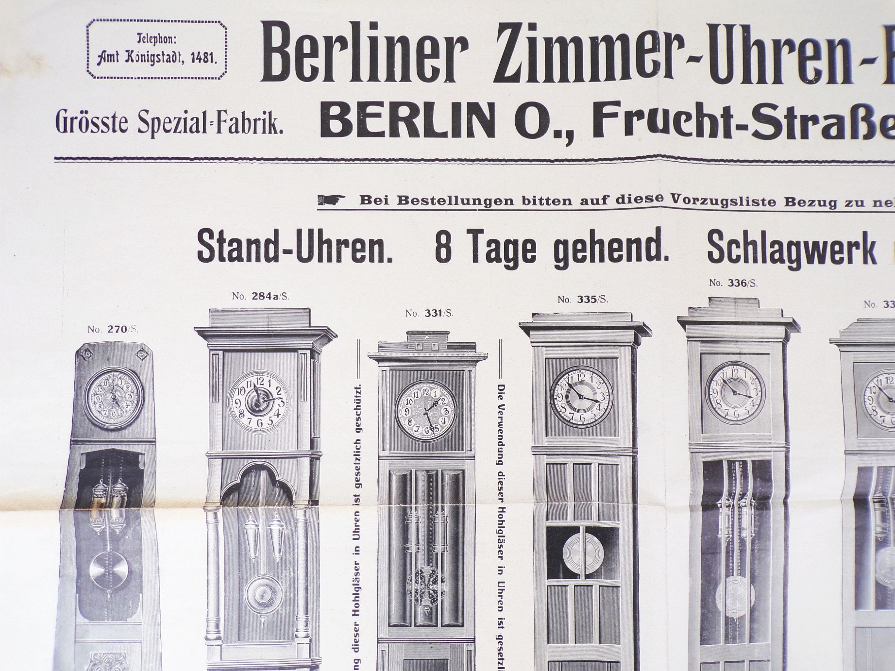 Plakat Berliner Zimmer Uhren Fabrik um 1910 Standuhren Reklame Plakat Berliner Zimmer Uhren Fabrik um 1910 Standuhren Reklame