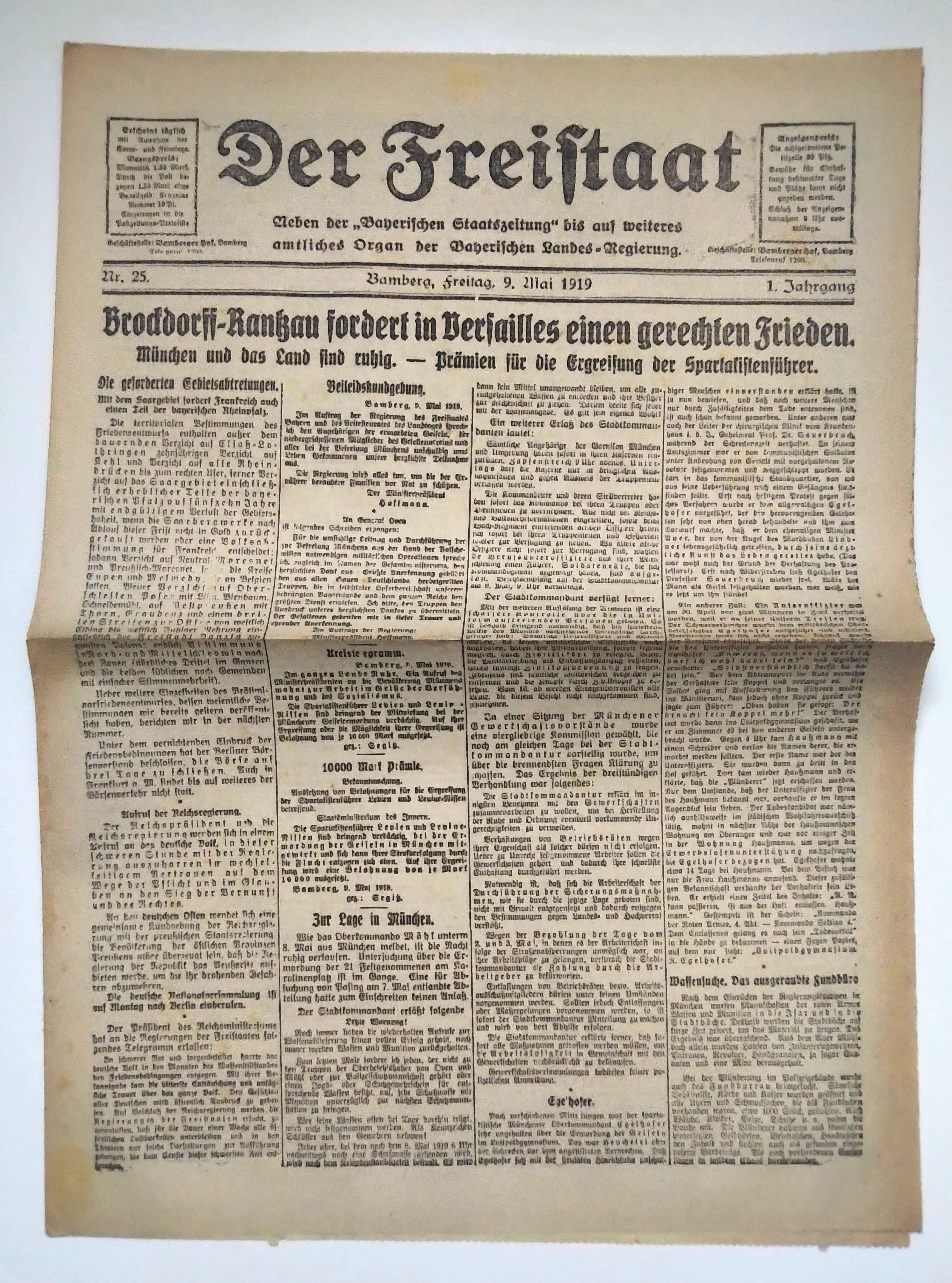 Der Freistaat 1919 Nr 25 Frieden in Versailles gefordert Zeitung Der Freistaat 1919 Nr 25 Frieden in Versailles gefordert Zeitung