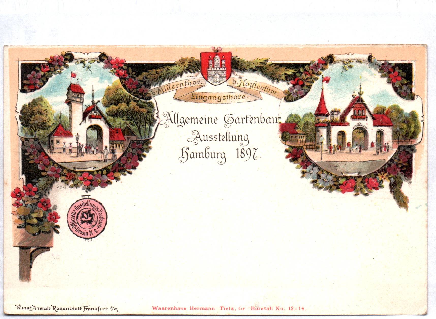 Litho Ak Hamburg Eingangstor zur Allgemeinen Gartenbau Ausstellung 1897 