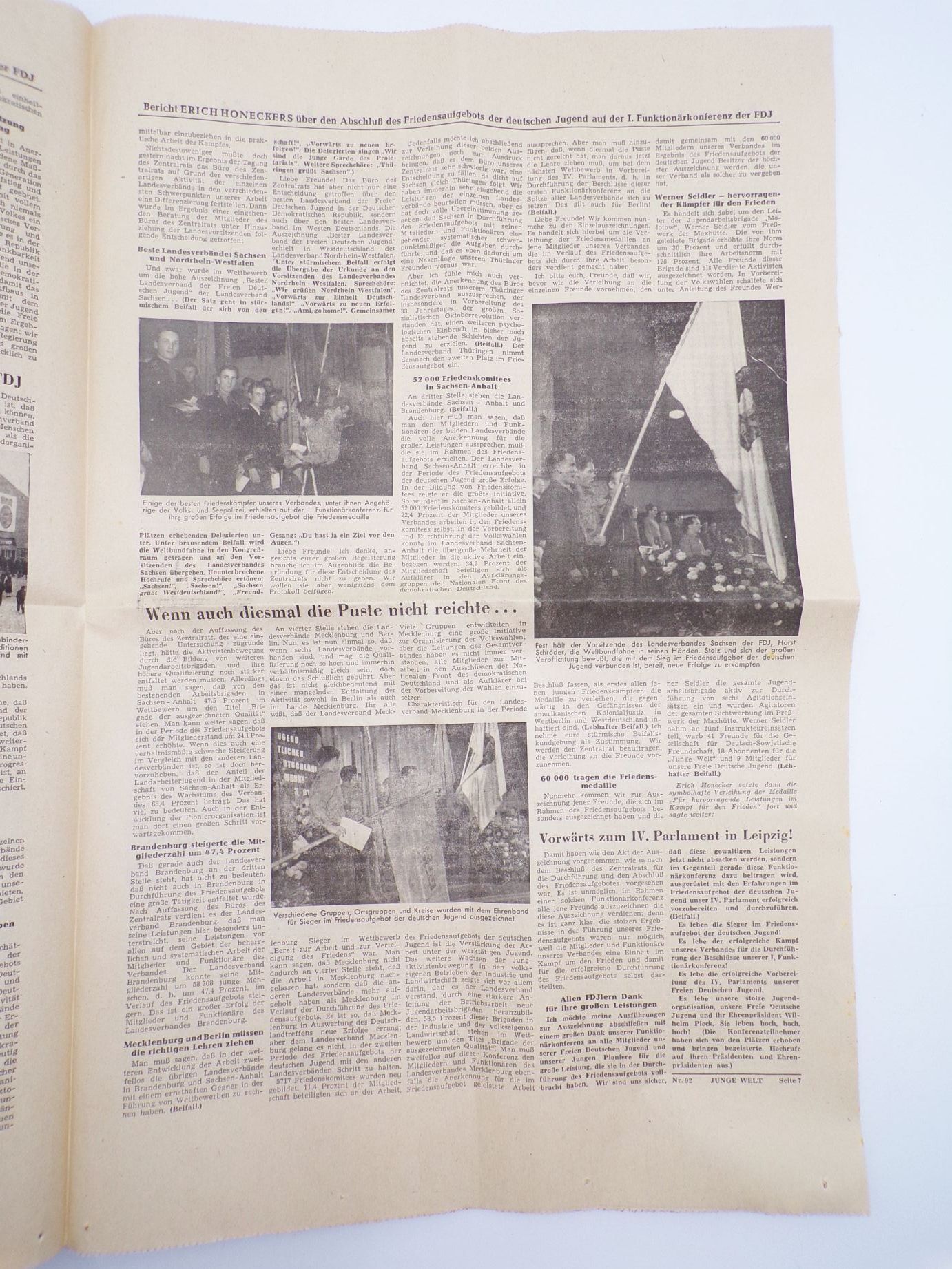 Junge Welt 1950 Nummer 92 DDR Zeitung IV Parlament 