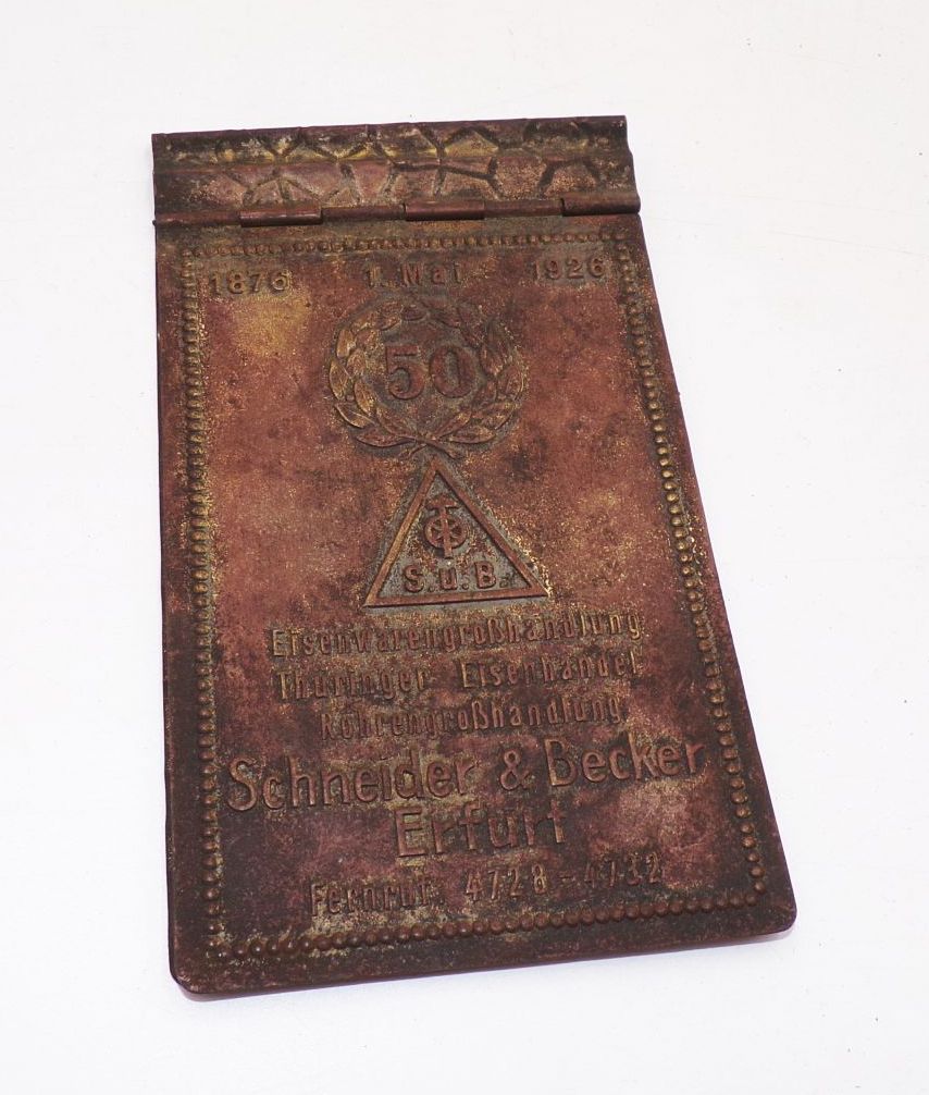 Reklame Notizblock Halter Schneider und Becker Erfurt Metall 1926