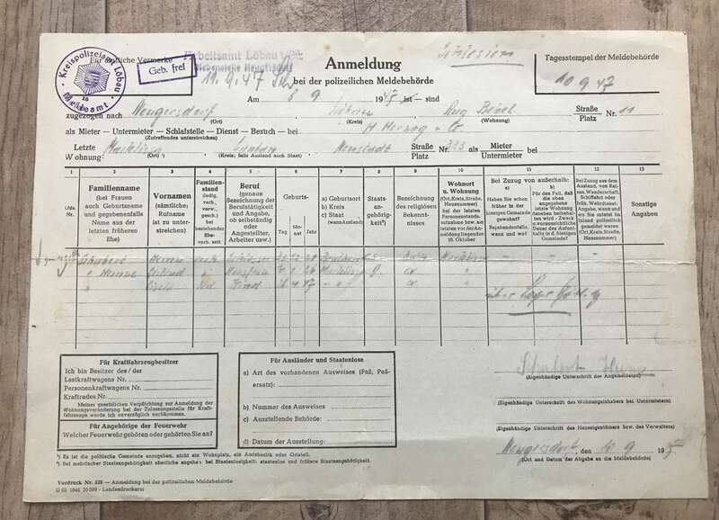 Dokument Anmeldung Wohnungsmeldeschein 1947 Kreispolizeiamt Löbau