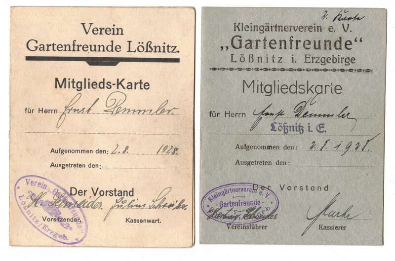 2 x Mitgliedskarte Gartenfreunde Lößnitz i. Erzgebirge 1928  B6