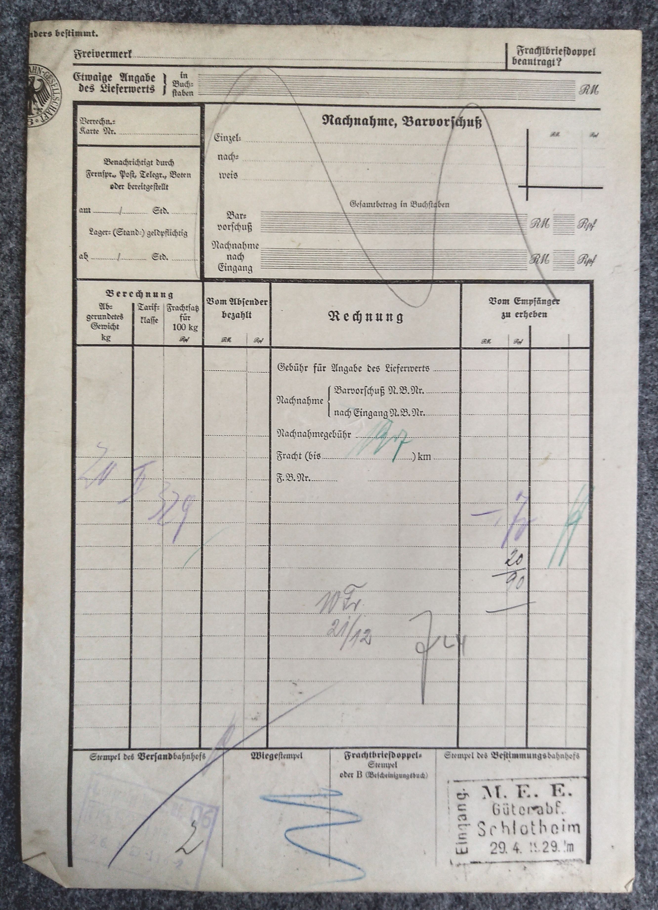 Frachtbrief Leipzig Karl v Hausen und Söhne nach Schlotheim 1929 Frachtbrief Leipzig Karl v Hausen und Söhne nach Schlotheim 1929