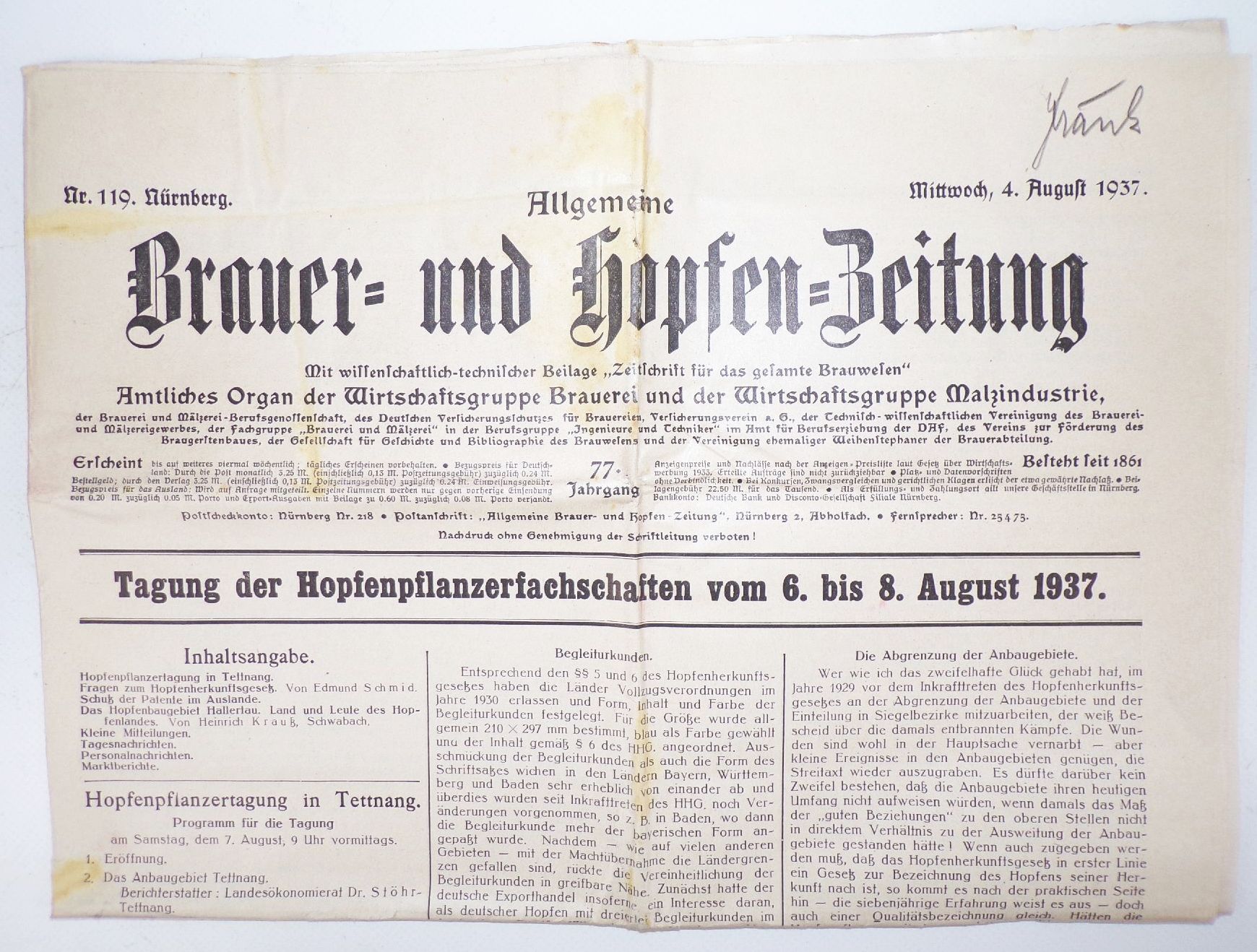 Allgemeine Brauer und Hopfen Zeitung Nr 119 von 1937 Nürnberg 