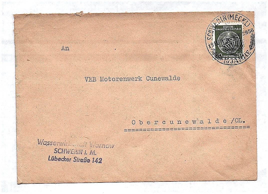 Brief Wasserwirtschaft Warnov Schwerin DDR 1956 Briefkuvert