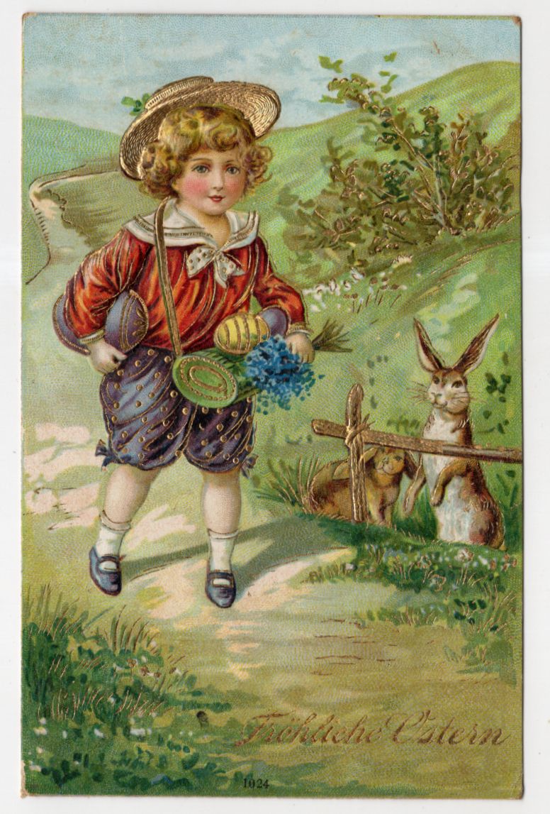 Litho Ak Bube mit Ostereiern Botanisiertrommel Hasen Ostern stark gold geprägt