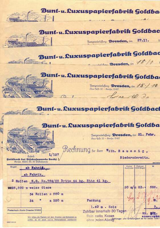 Lot Litho Rechnung Bunt und Luxuspapier Fabrik Goldbach Dresden 1921 