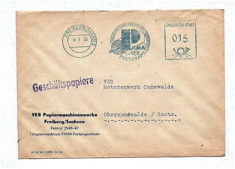 Geschäftspapiere VEB Papiermaschinenwerke Freiberg Brief 1956