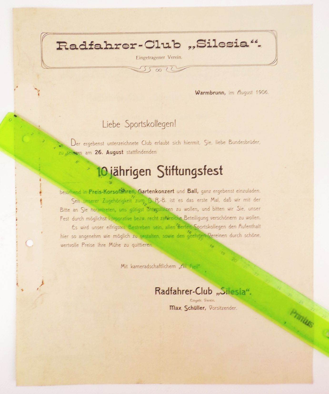Radfahrer Club Silesia Warmbrunn Schlesien 1906 Stiftungsfest Dokument 