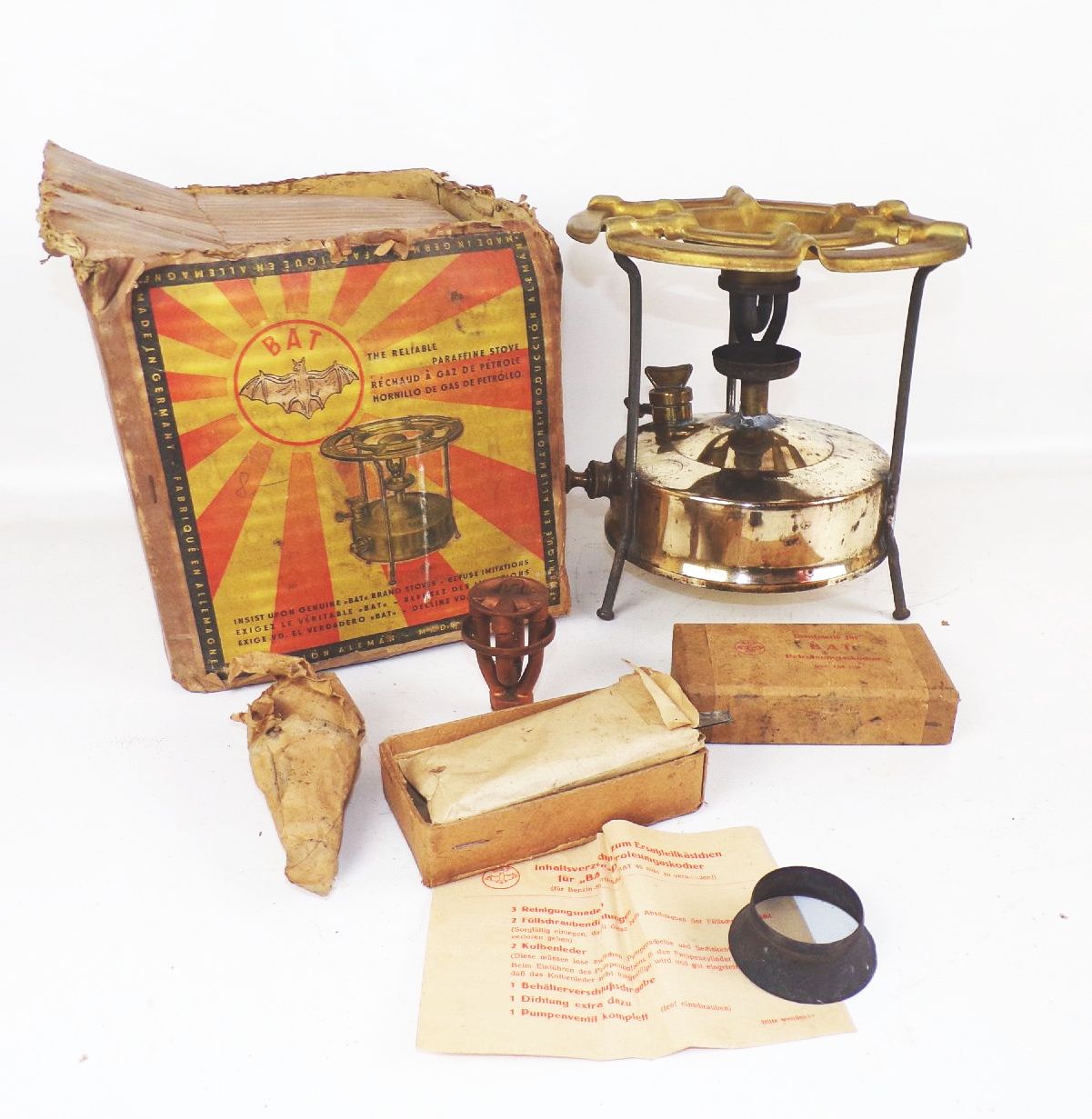 Alter Bat Kocher Petroleumgaskocher Campingkocher Zubehör Originalkarton