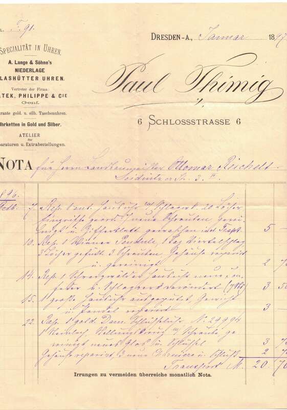 Rechnung Paul Thimig Dresden Lange & Söhne Glashütte Uhren 1897 !