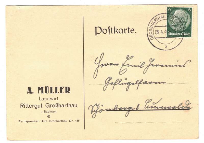 Postkarte A. Müller Landwirt Rittergzt Großharthau 1940 