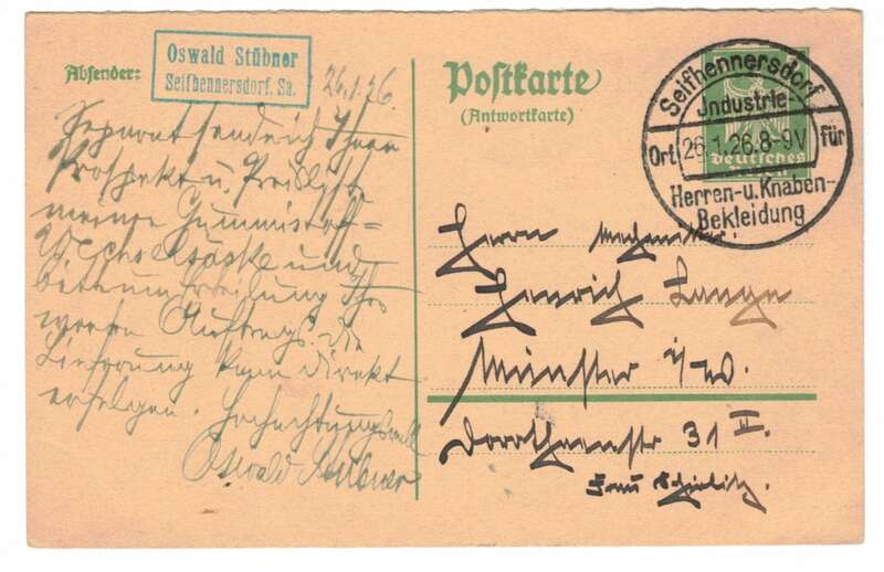 Ganzsache Oswald Stübner Seifhennersdorf 1926 Stempel