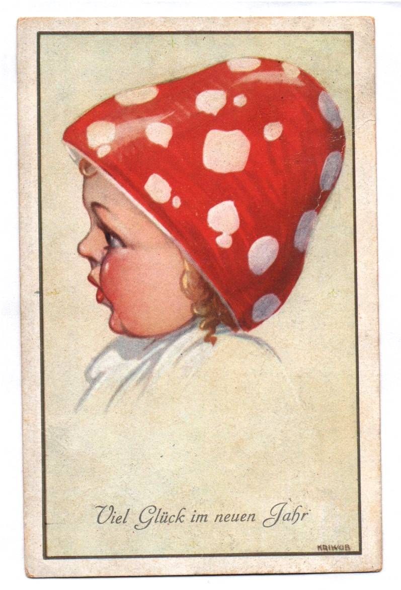 Postkarte Neujahr Kind mit Fliegenpilz Mütze 1930