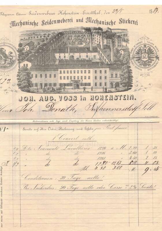 Litho Rechnung Voss Hohenstein Seidenweberei Stickerei 1889 Preisliste