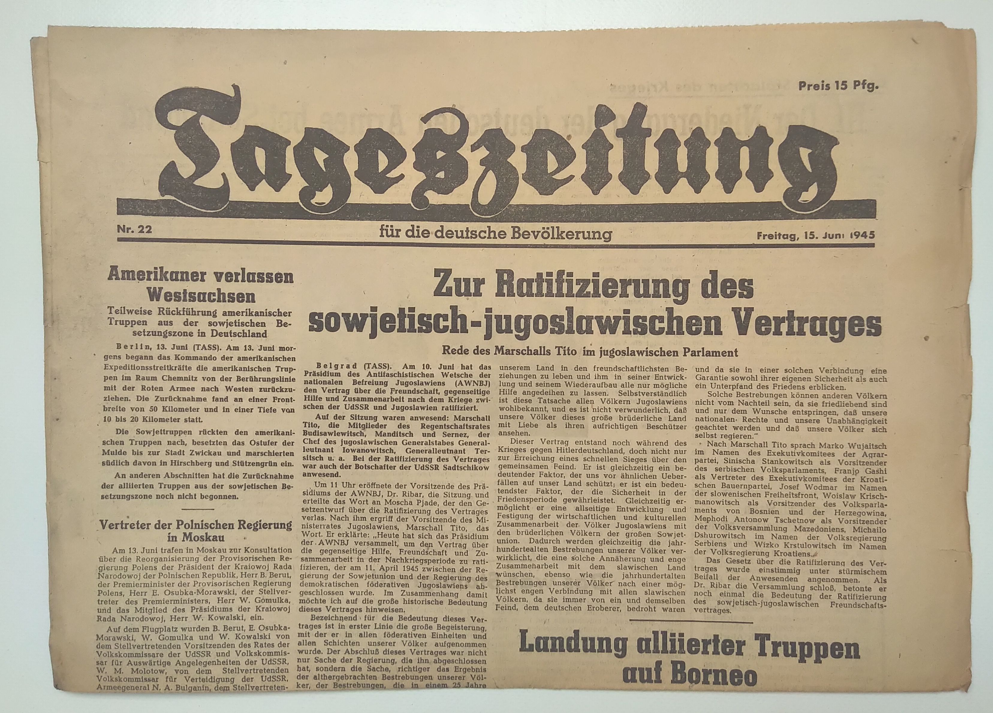 Tageszeitung sowjetisch jugoslawischer Vertrag 1945 Nr 22