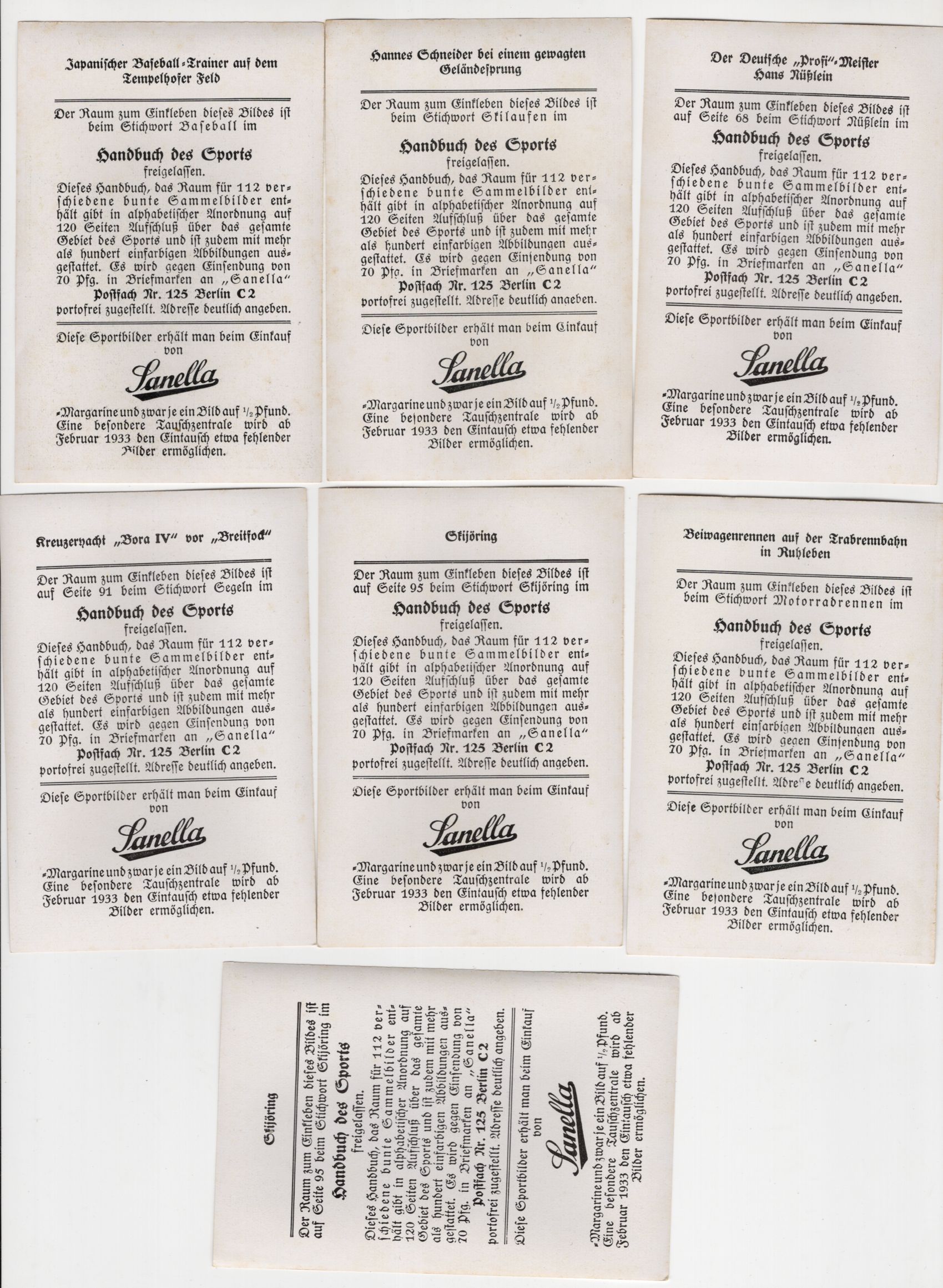 Sammelbilder Handbuch des Sports 7 Stück 1932 Sanella