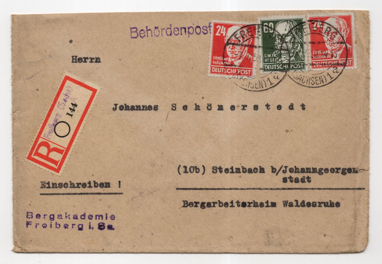 R Brief Freiberg Sachsen Bergakademie 1950 nach Steinbach Thälmann Hegel