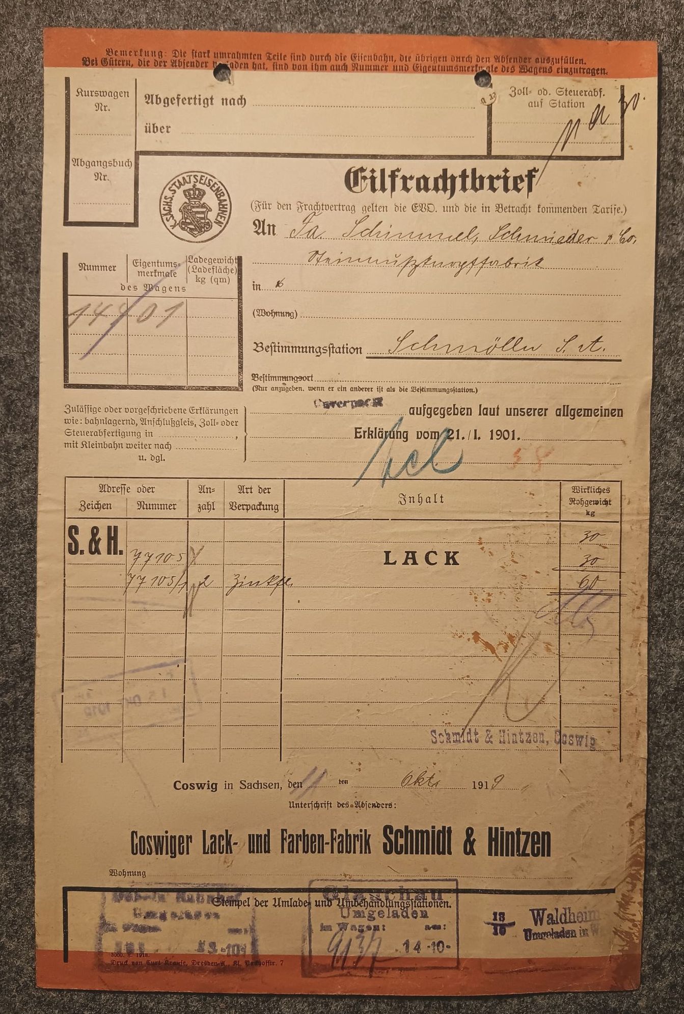 Coswig nach Schmölln 1919 Eilfrachtbrief Sächsische Staatseisenbahn