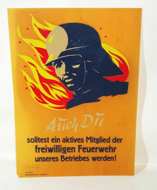 Vintage Reklame Schild Auch Du Mitglied Freiwillige Feuerwehr DDR 1958 