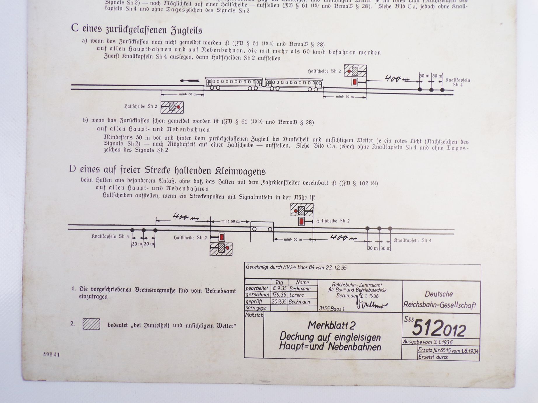 Altes Reichsbahn Schild Deckung auf eingleisiger Strecke 1934 Berlin Aushang