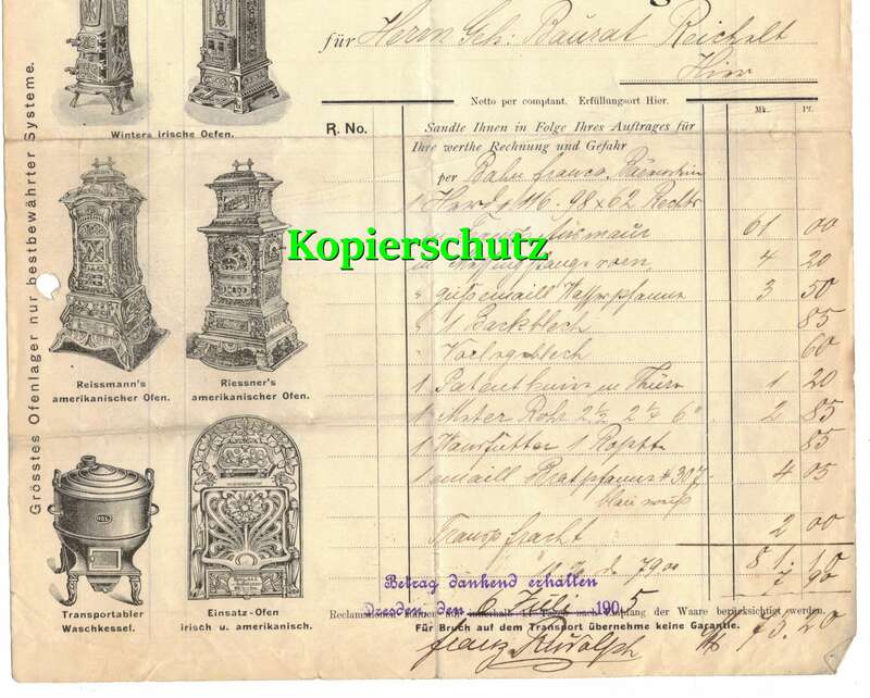 Litho Rechnung Franz Rudolph Öfen Herde Dresden Marschallstraße 1905 !