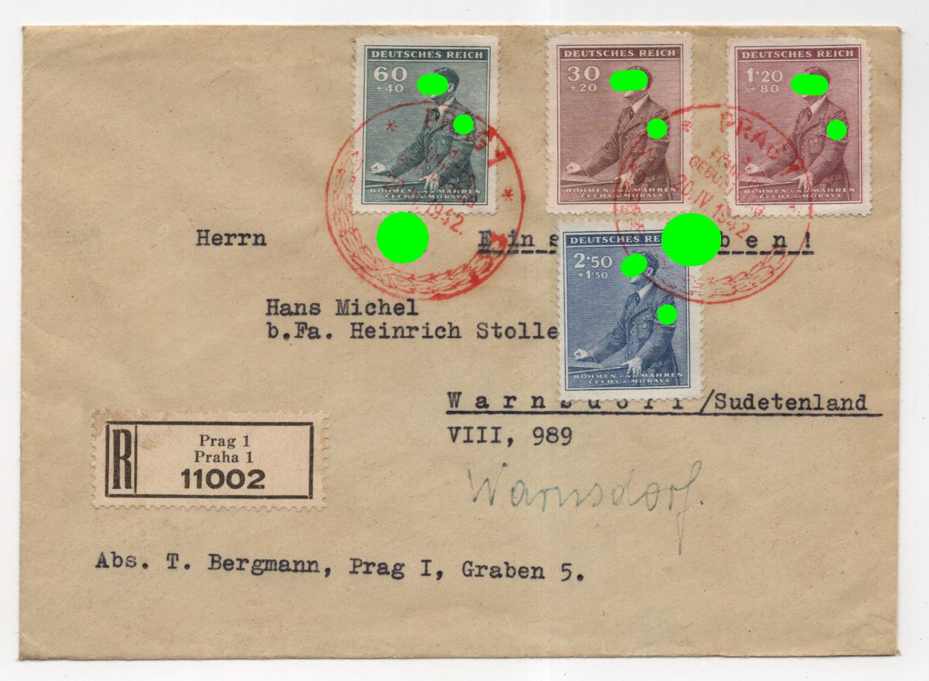 R Brief Prag 1942 Geburtstag des Führers nach Warnsdorf