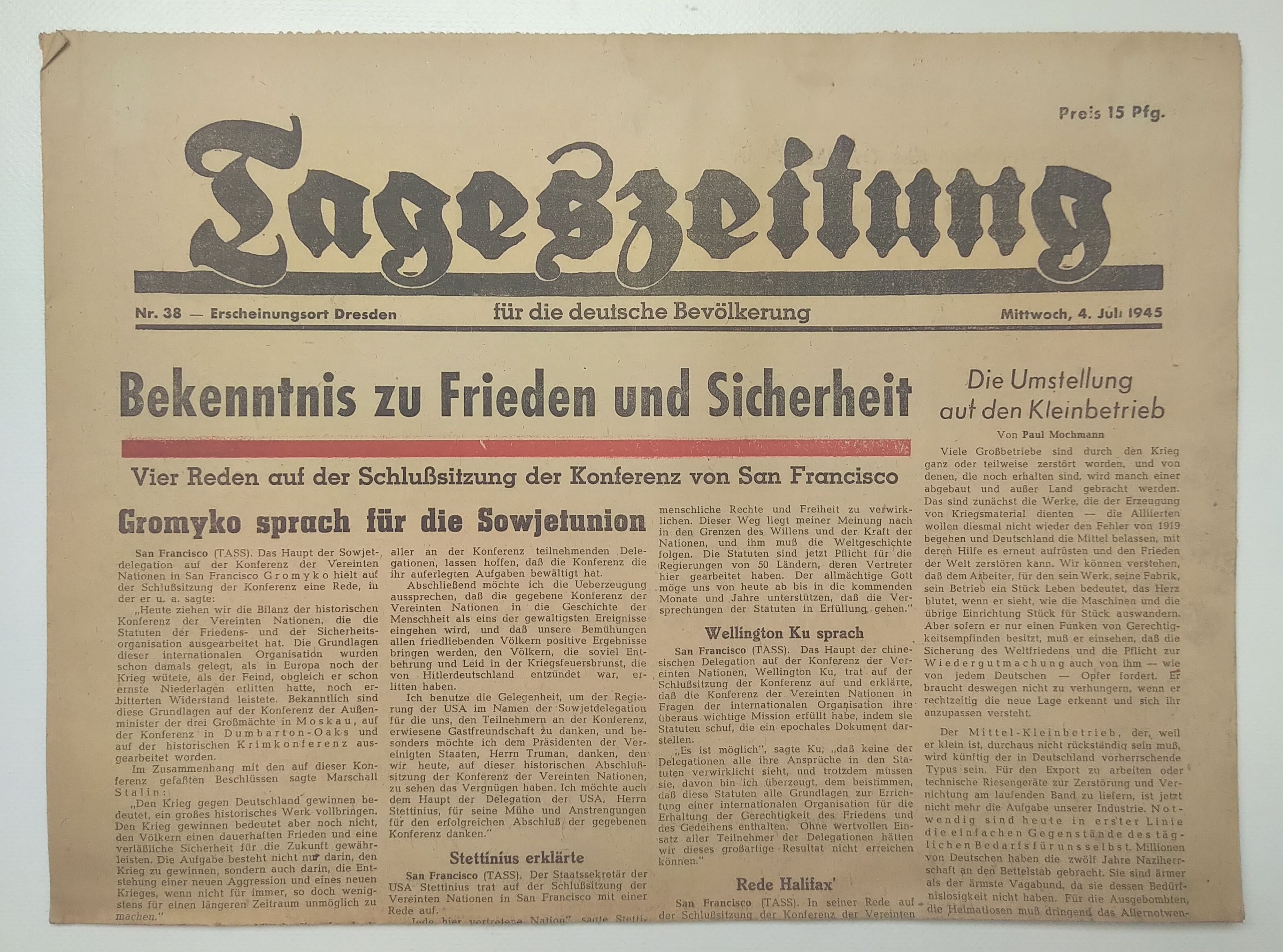 Tageszeitung Gromyko sprach für die Sowjetunion 1945 Nr 38