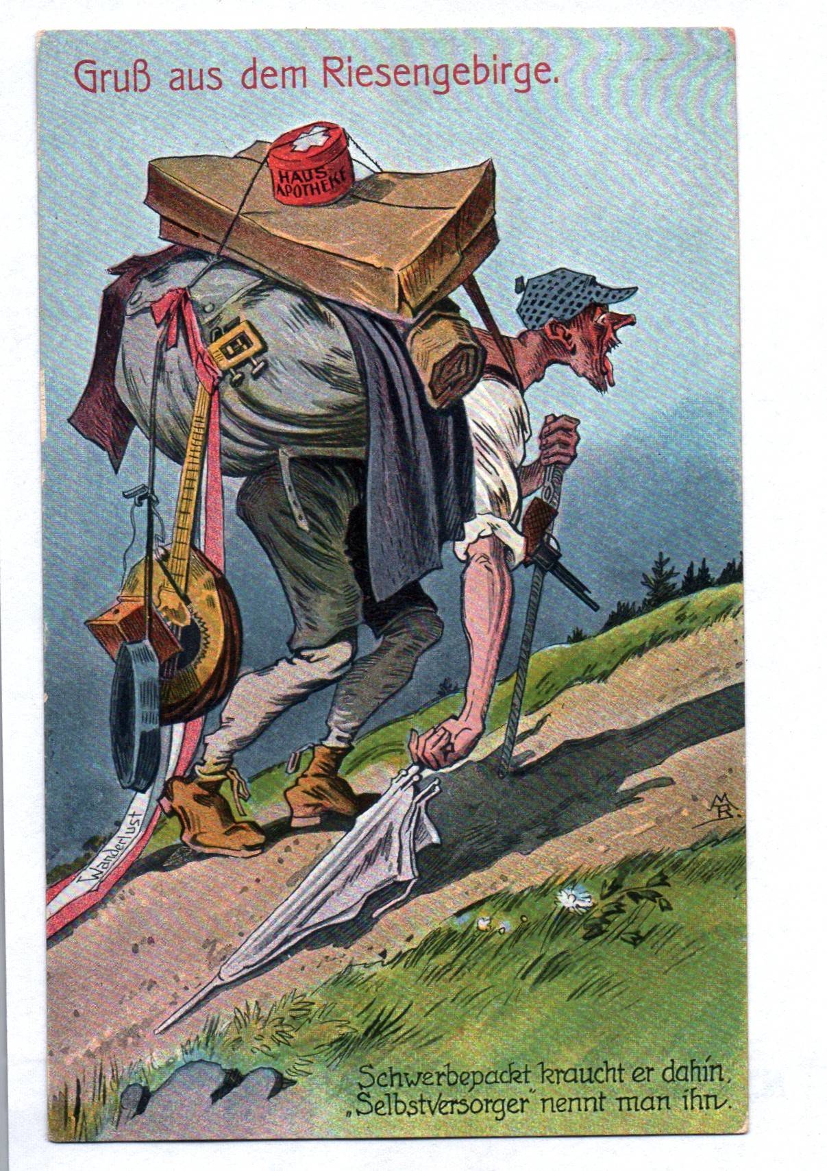 Künstler Ak Gruß aus dem Riesengebirge vollgepackter Wanderer Schlesien 
