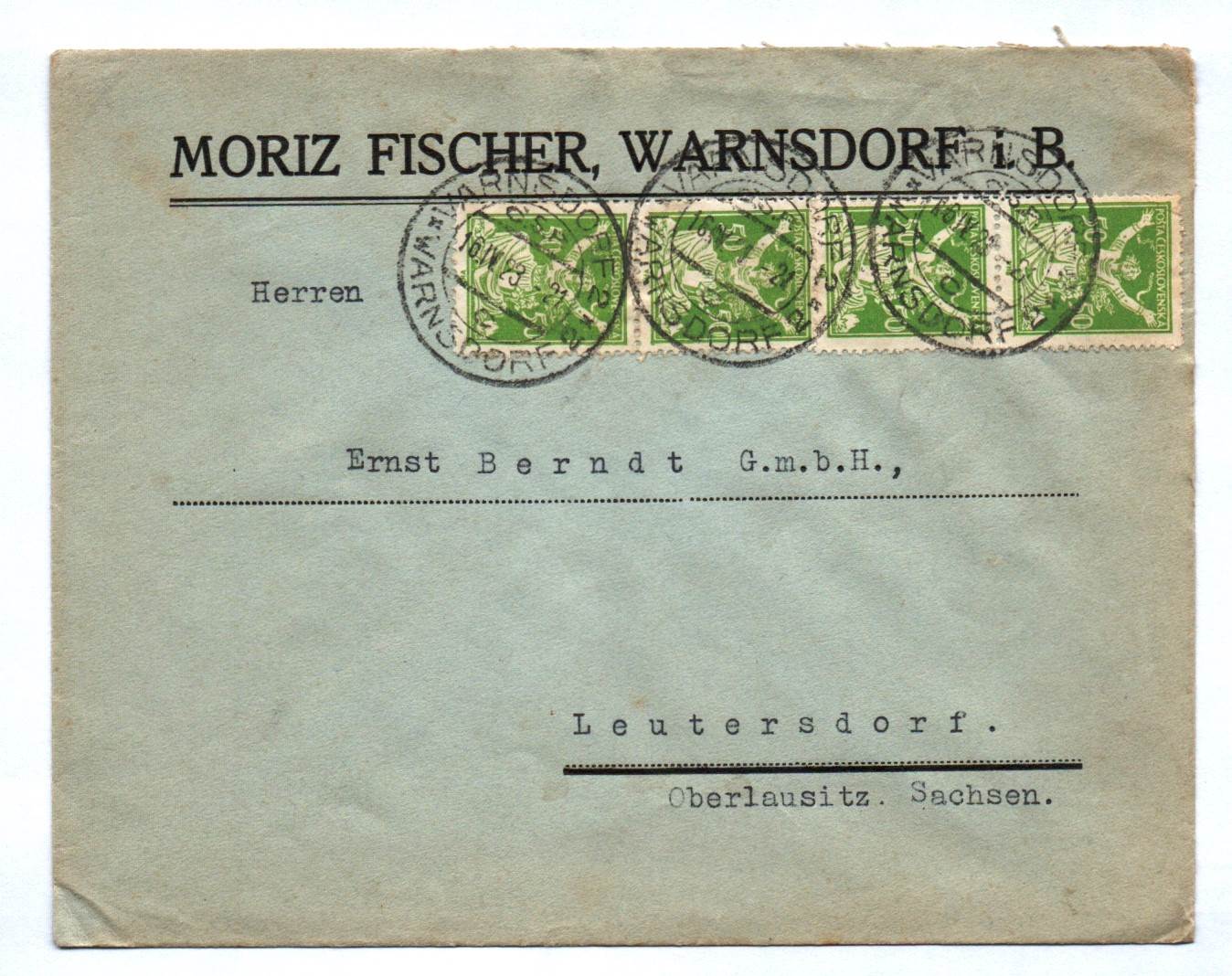 Brief Moriz Fischer 1923 Warnsdorf an Ernst Berndt GmbH