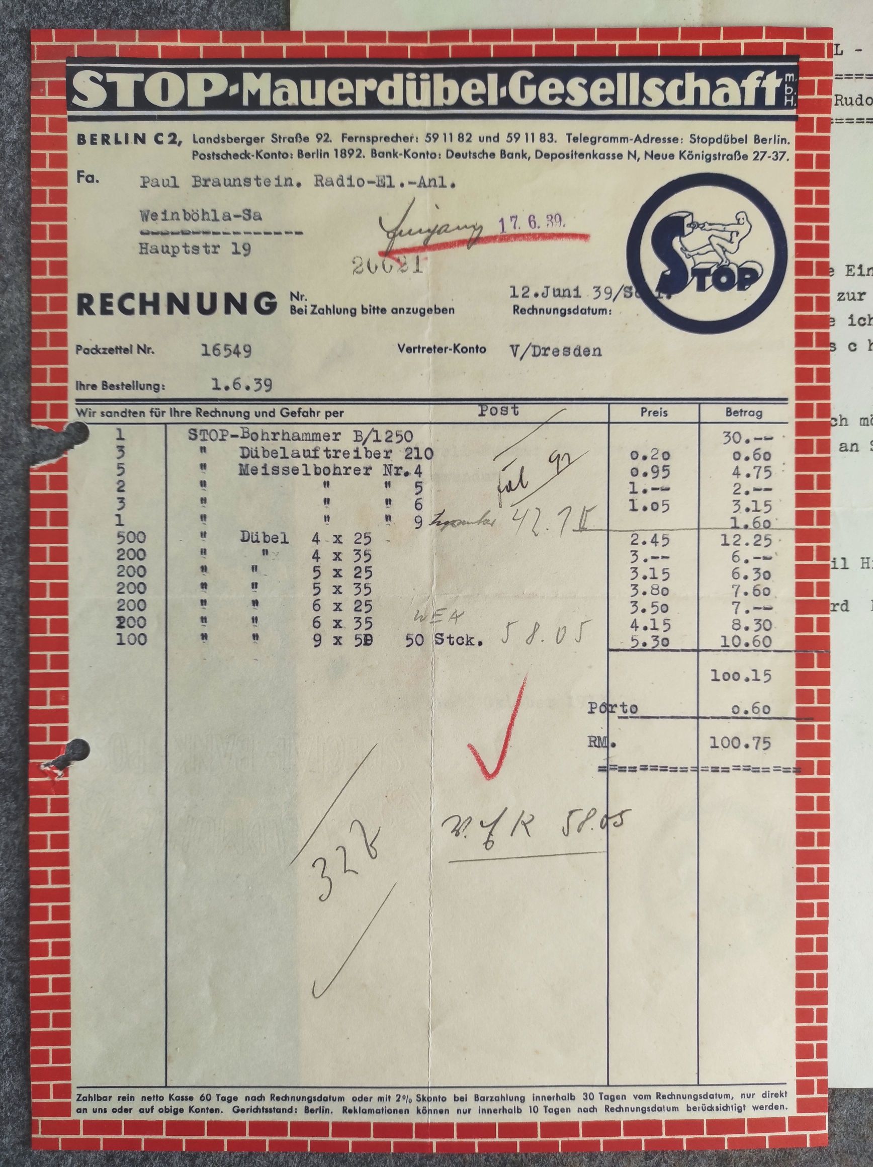 2 alte Rechnungen von 1939 mit Dokument Info Stopdübel Berlin 2 alte Rechnungen von 1939 mit Dokument Info Stopdübel Berlin