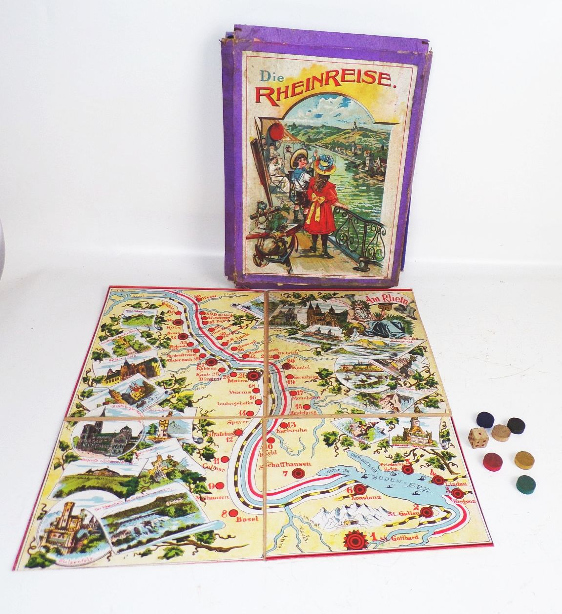 Altes Brettspiel Die Rheinreise um 1900 Würfelspiel