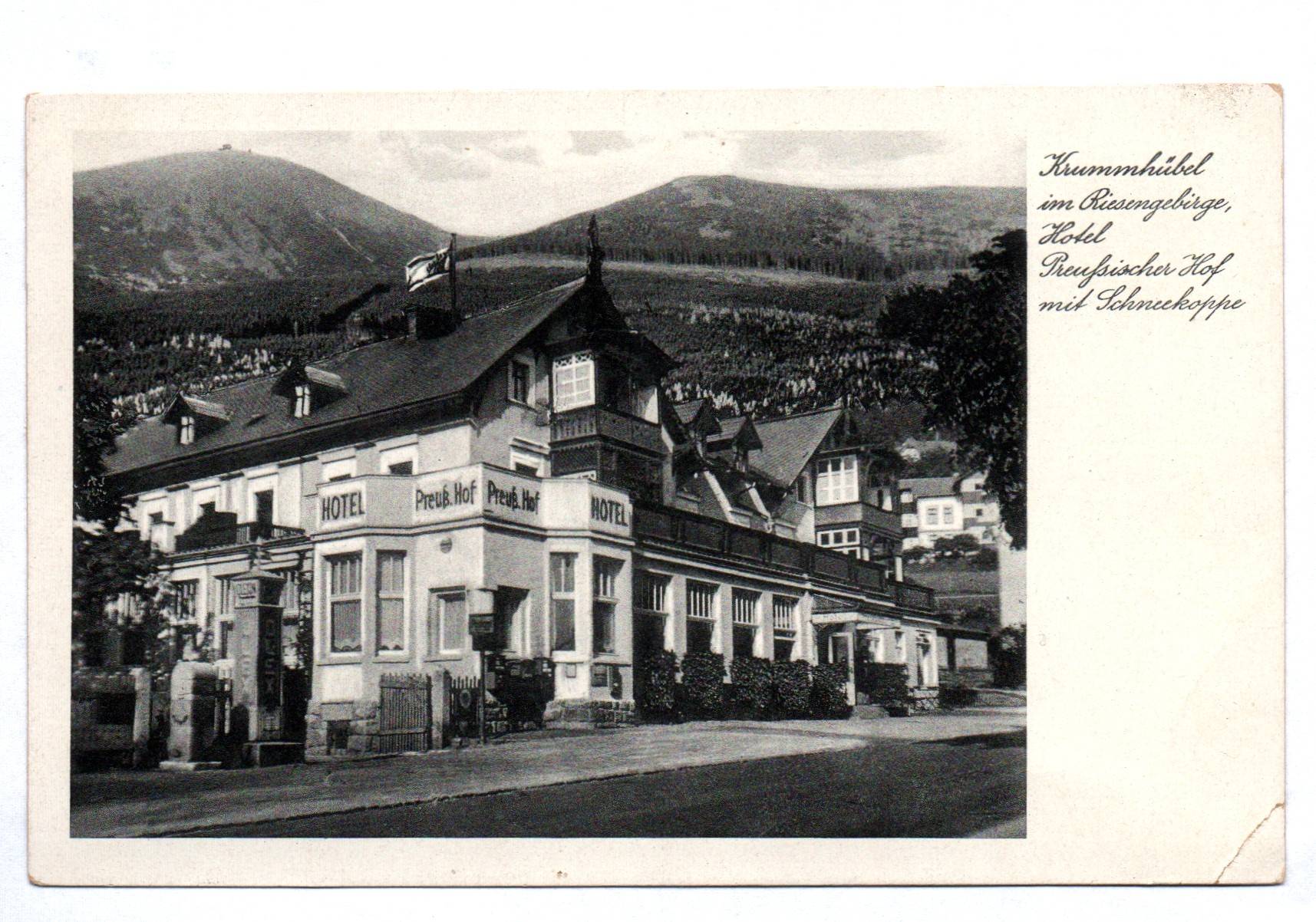 Ak Krummhübel im Riesengebirge Hotel Preußischer Hof mit Schneekoppe