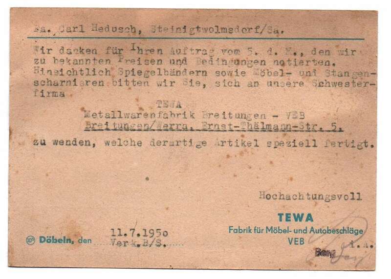 Postkarte TEWA Möbelbeschläge Autobeschläge Döbeln 1950