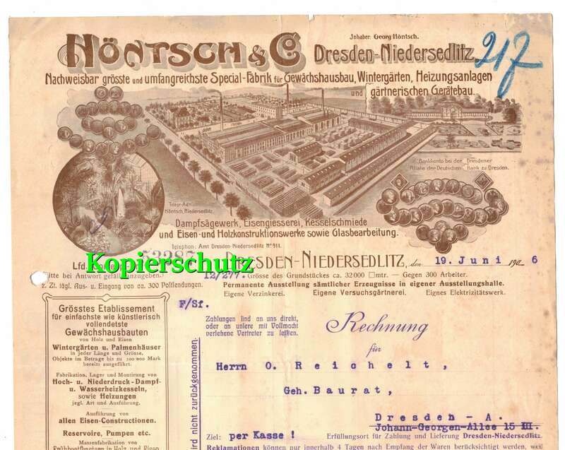 Litho Rechnung Höntsch & Co Niedersedlitz Dresden 1906 Gewächshäuser !