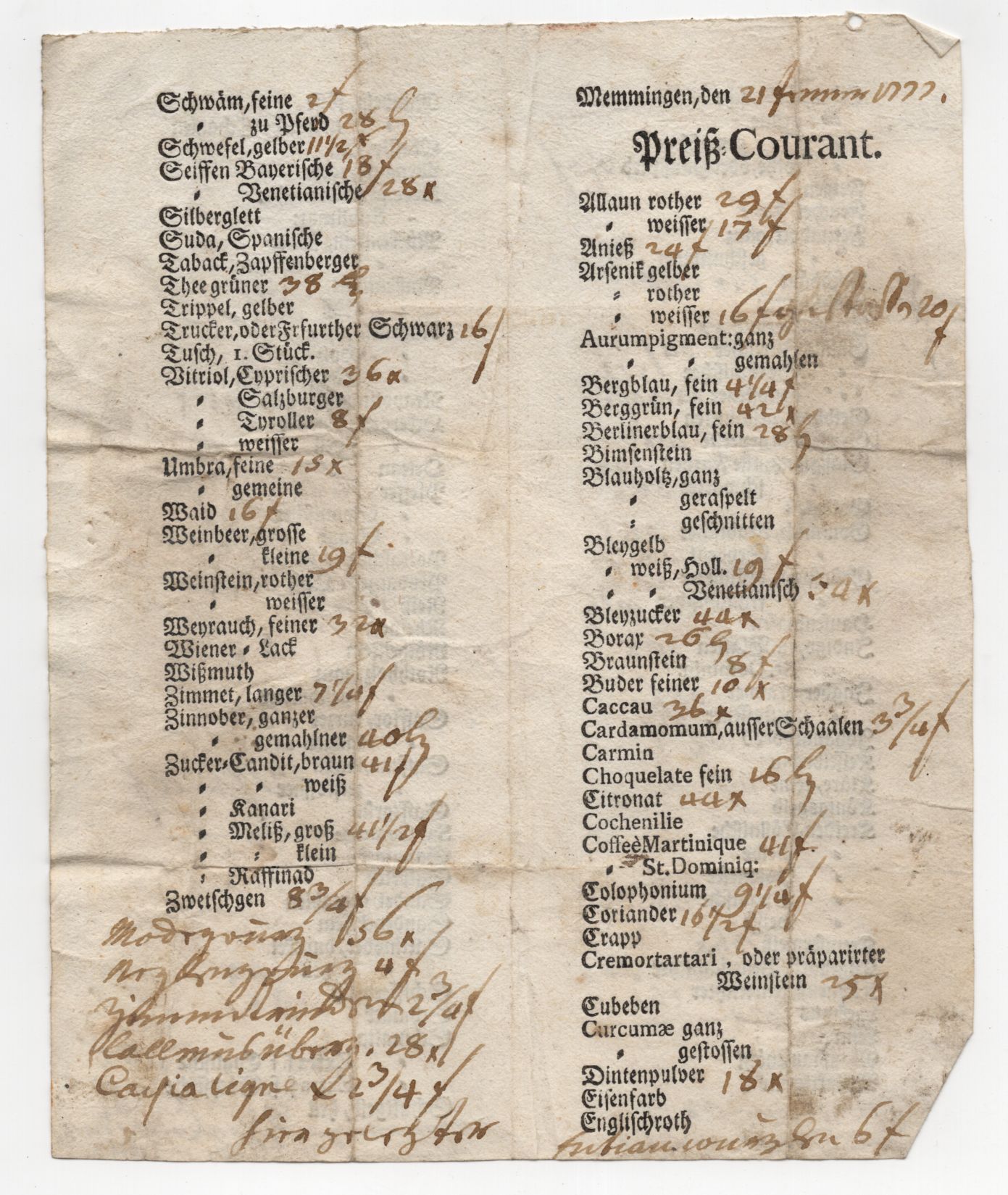 Dokumente Memmingen 1777 bis 1805 Preislisten Dokumente Memmingen 1777 bis 1805 Preislisten