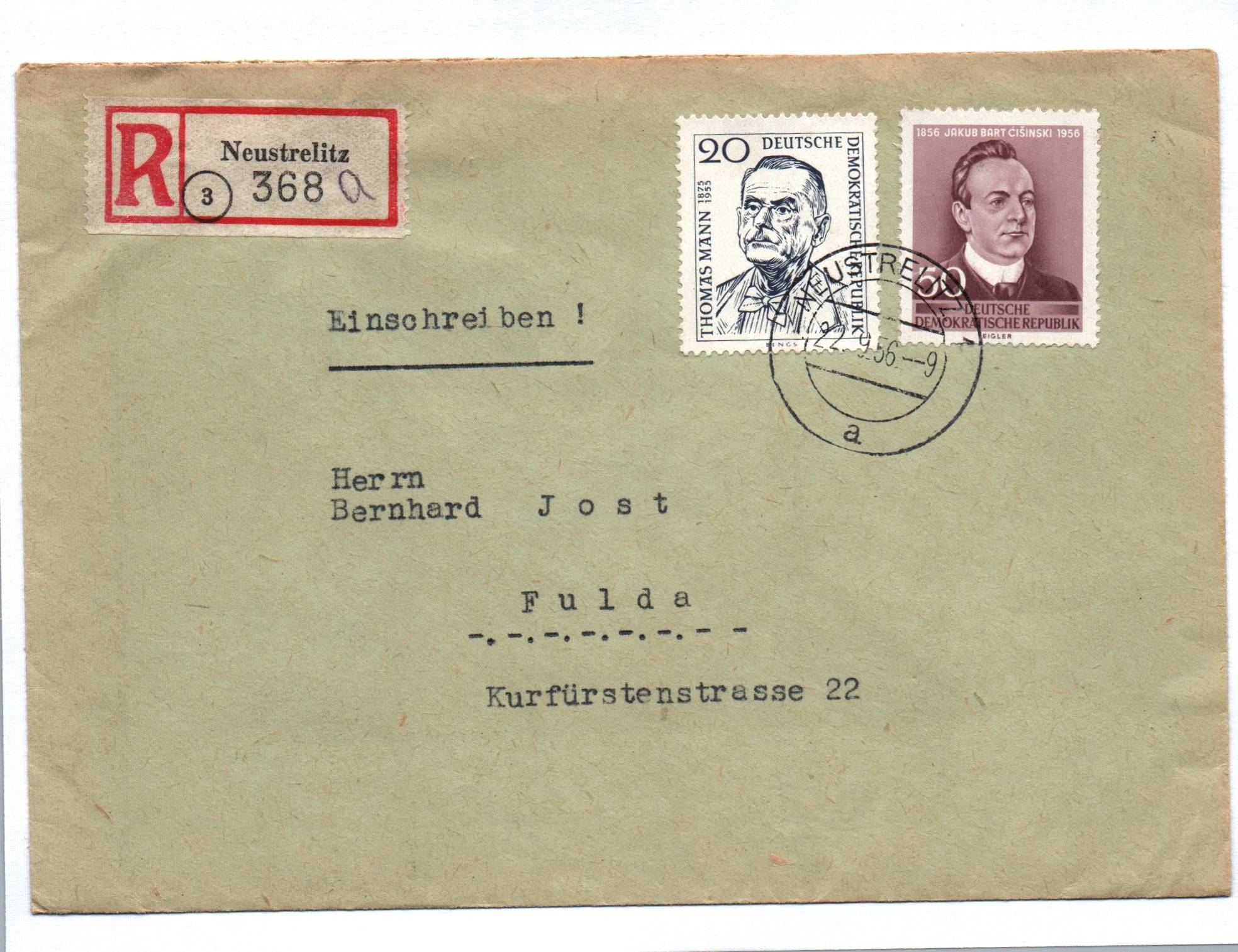 R Brief Neustrelitz 1956 nach Fulda DDR Einschreiben