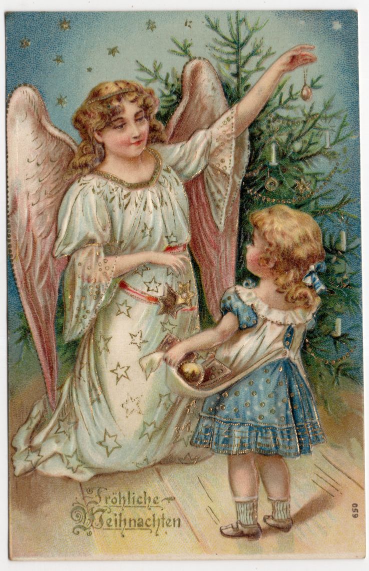 Ak Kind mit Engel und Weihnachtsbaum 1908 stark geprägt 