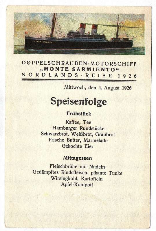 Ak Doppelschrauben-Motorschiff „Monte Sarmiento“ Nordlandsreise 1926 Speisenfolge